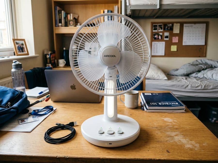 Rechargeable 12-Inch Hostel Table Fan with USB Port (White)